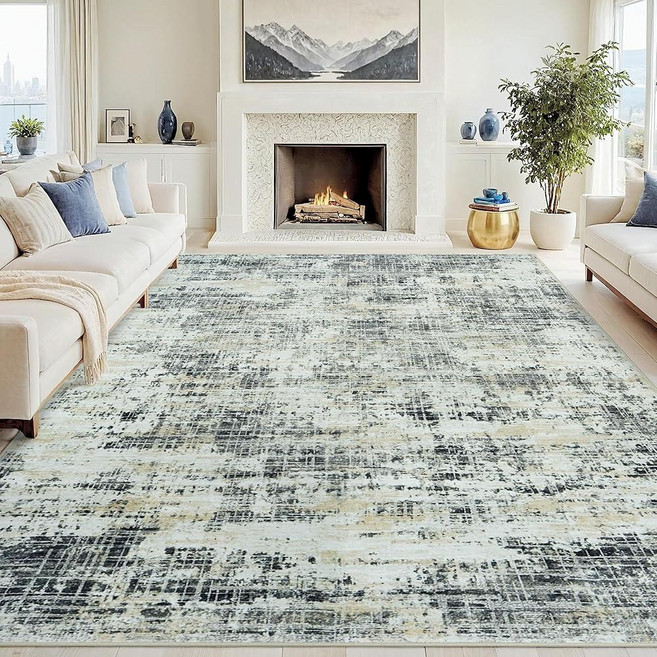 5x7 Area Rugs Washable RugAnti-Skid Abstract Modern Living Room Rug Soft Thin Carpets Indoor Floor, 블랙 그레이/골드
