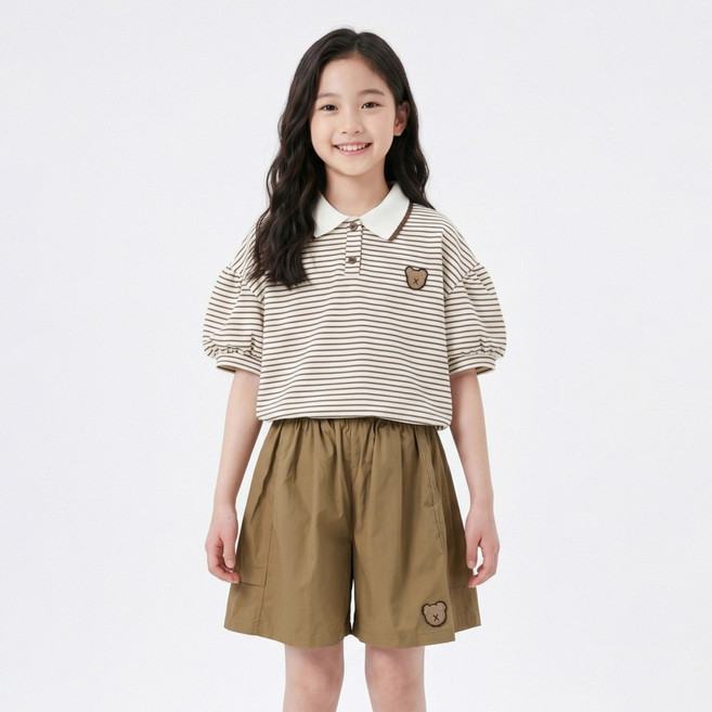 지디오 주니어 여름 투피스 세트 단가라 퍼프 소매 반팔티 밴딩 와이드 반바지 초등학생 상하복