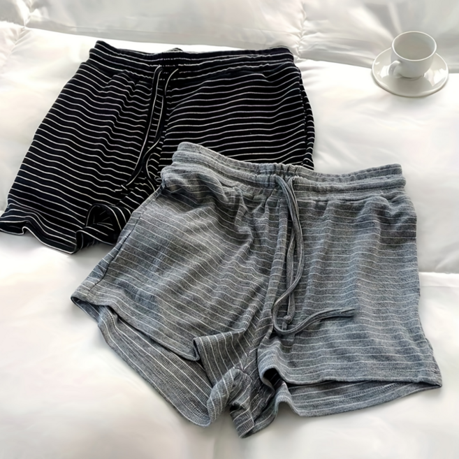 여성용 스트라이프 캐주얼 홈웨어 잠옷 반바지 숏팬츠 2종 세트