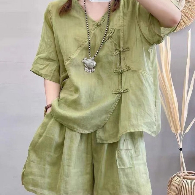 COSYEVNO 여름 면마 세트 루즈핏 트렌디 캐주얼 여성 반팔 티셔츠+반바지 투피스