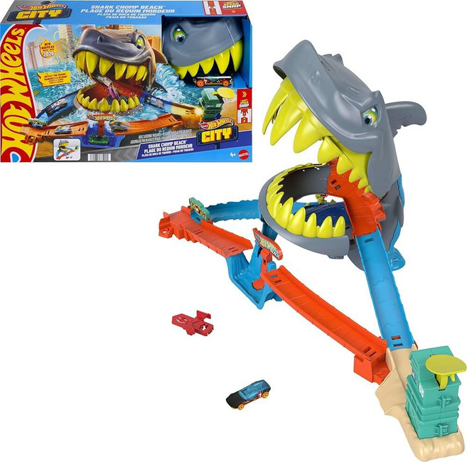 Hot Wheels 핫휠 장난감 토이 자동차 트랙 세트 도시 상어 Chomp 해변 놀이 다이캐스트 차량. 2가지 방법 상어를 쓰러 뜨리거나 먹게 되세요