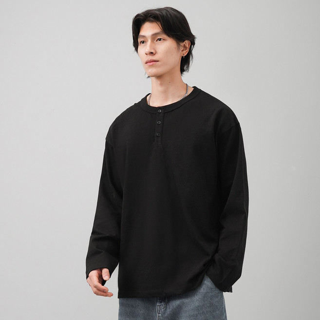 DUKEEN 헤비웨이트 320g 순면 오버핏 남자 헨리넥 긴팔티셔츠 아메카지 데일리 기본 무지티 5컬러