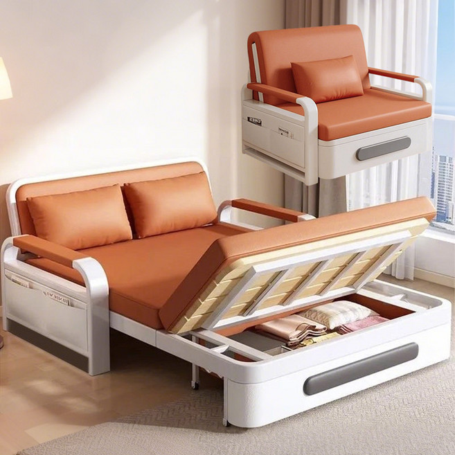 접이식 소파베드 리클라이너 소파겸용침대 다용도 생활가구 쿠션포함, 주황색+흰색프레임+스펀지0.8m