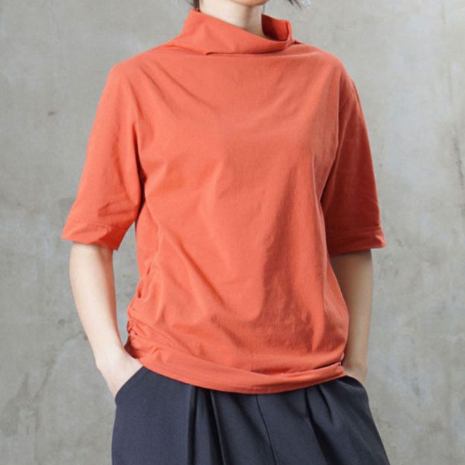 벅시루 반폴라 옆 셔링 드레이프 반목 스판 여성 이너 여름 반팔티셔츠