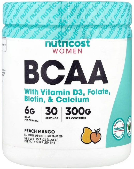 뉴트리코스트 Nutricost 여성 비타민D3 엽산 비오틴 칼슘 함유 BCAA 복숭아 망고 맛 300g10.7oz124533원산지:기타, 303 g - 쿠팡