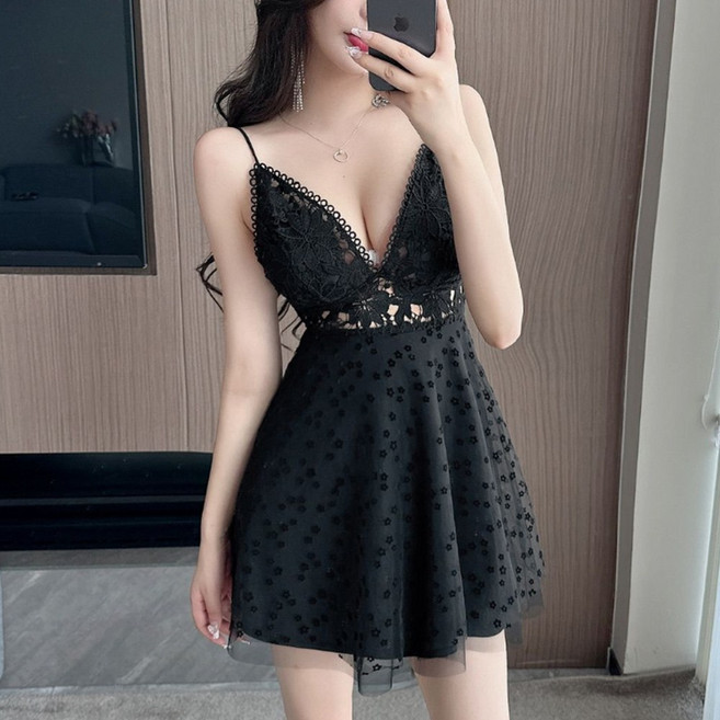 TKX 여성 레이스 끈 미니 원피스 섹시 브이넥 시스루 플라워 포인트 파티룩