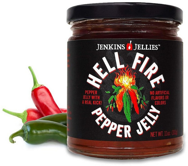Jenkins Jellies Hell Fire 핫 페퍼 젤리 스위트 & 스파이시 할라피뇨 글루텐 프리 비건 잼 글레이즈 디핑 소스 또는 디저트 토핑으로 사용 자연 추출물 미국산, 11 Ounce (Pack of 1), 1개, 311g
