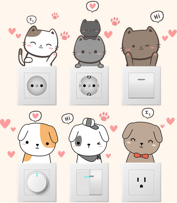 귀여운 동물 6종 꽃 무늬 데코 전등 스위치 인테리어 포인트 스티커, 멍멍이와 야옹이 6종