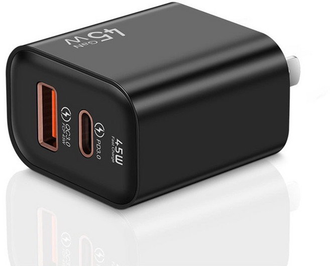 45W GaN 充電頭 PD3.0 QC3.0 雙孔快充, 黑色, 1個