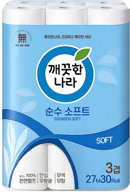 깨끗한나라 순수 소프트 3겹 화장지, 27m, 30롤, 1개