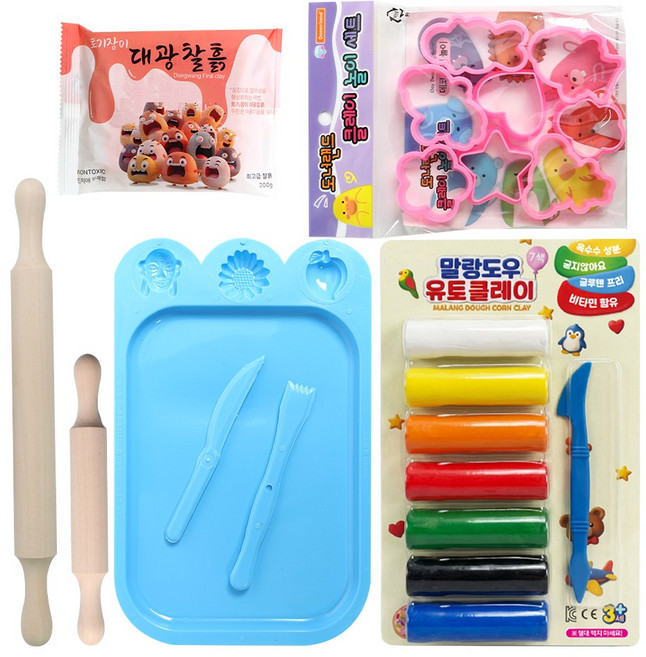 뮤즈 점토놀이 올인원 세트 / 찰흙놀이 클레이 우드밀대 찰흙판 찍기도구, 1세트, 375g, 혼합