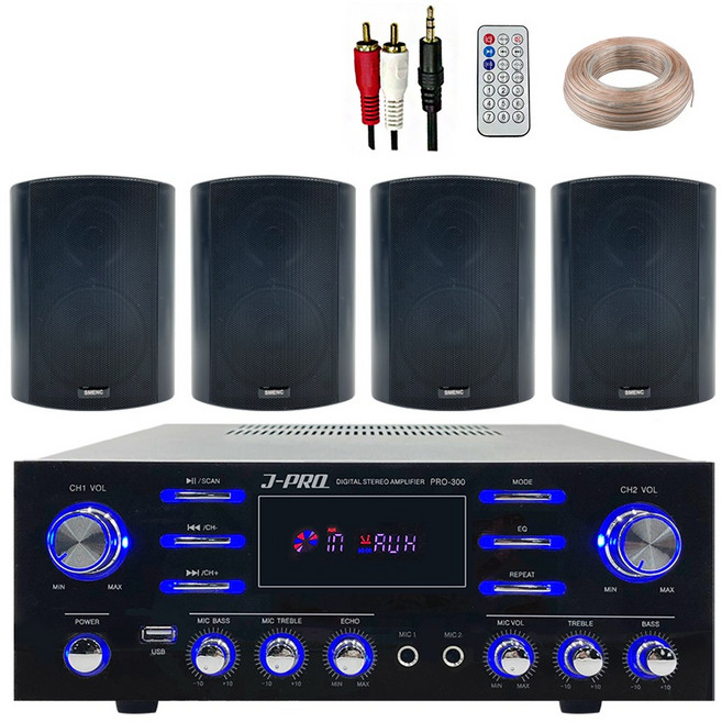 J-PRO 5인치 300W 매장용 카페 업소용 스피커 블루투스 앰프+PC선 1.5M+리모콘+스피커케이블, 4개, 블랙