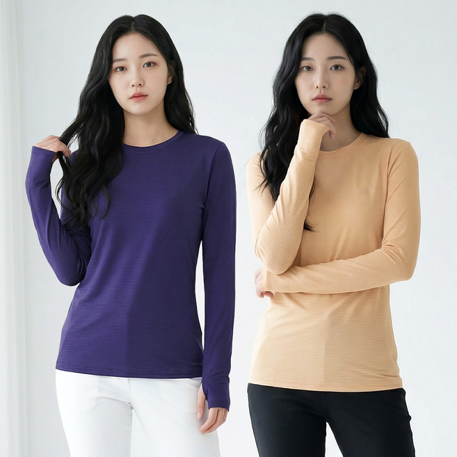 <투엘라> (1+1) 여성 라운드 긴팔 핑거홀 티셔츠_쿨링 골프 등산 아이스퀸