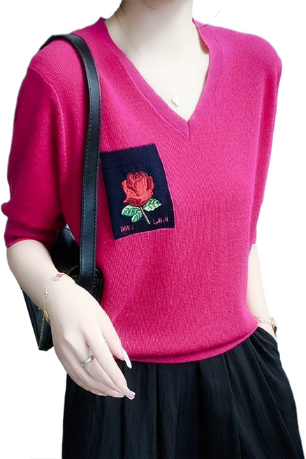 셀럽당 빅 사이즈 얇은 브이넥 니트 미니 예쁜 장미꽃 포켓 반팔 상의 여Q03882