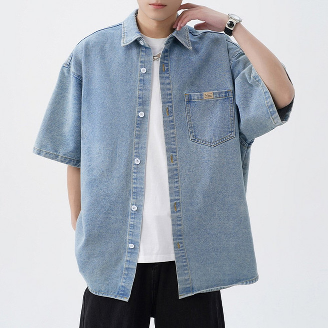 지디오 남성 데님 셔츠 반팔 남방 아우터 오버핏 청 자켓 포켓 워싱 재킷