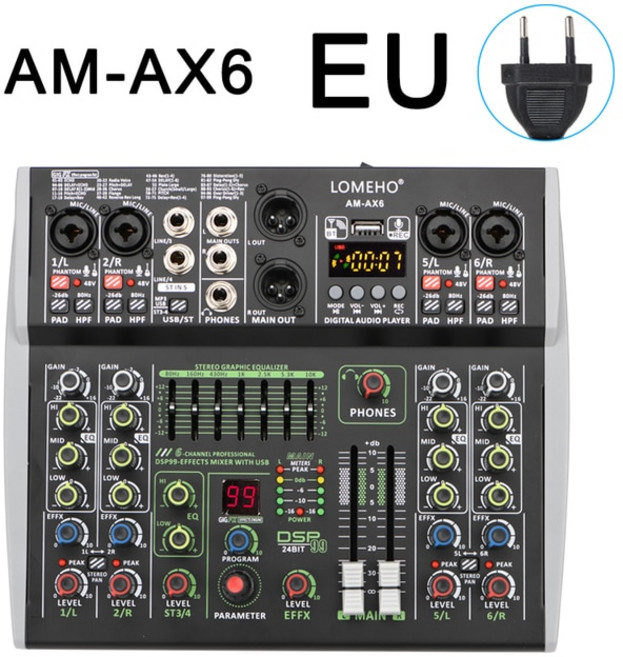dj 믹서 음향기기 AM-AX6 미니 채널 개별 48V 팬텀 전원 휴대 99 DSP 효과 블루투스 USB 컴퓨터 기록 Podca, 01 AM-AX6 EU