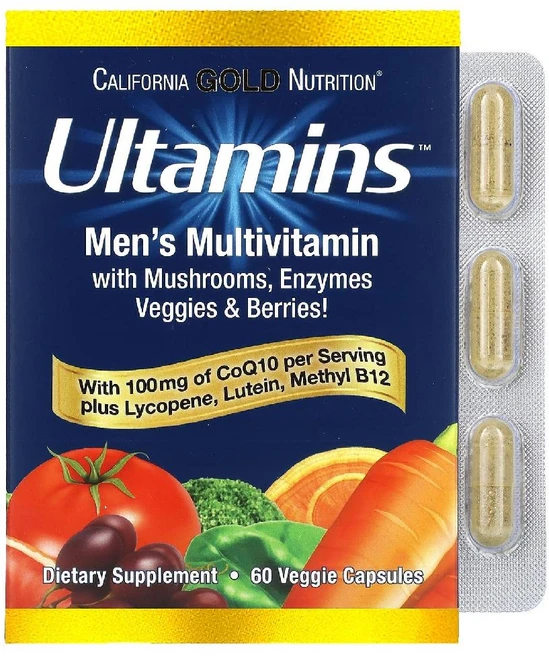 캘리포니아골드 뉴트리션 Ultamins CoQ10 함유 50세 이상 남성용 종합비타민 버섯 효소 채소 및 베리 함유 베지 캡슐 60정, 1팩 - 쿠팡
