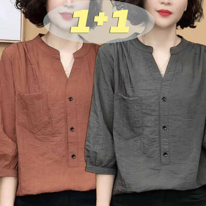 JUSTFEELING 2장세트 /1+1 패션 중년여성 찰랑찰랑 7부소매 셔츠 루즈핏 엄마옷 블라우스 4050대 브이넥 중장년 셔츠 상의