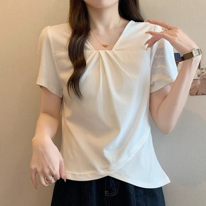 해피유통여성 반팔 V네크라인 주름 블라우스 우아한 패션 디자인k01