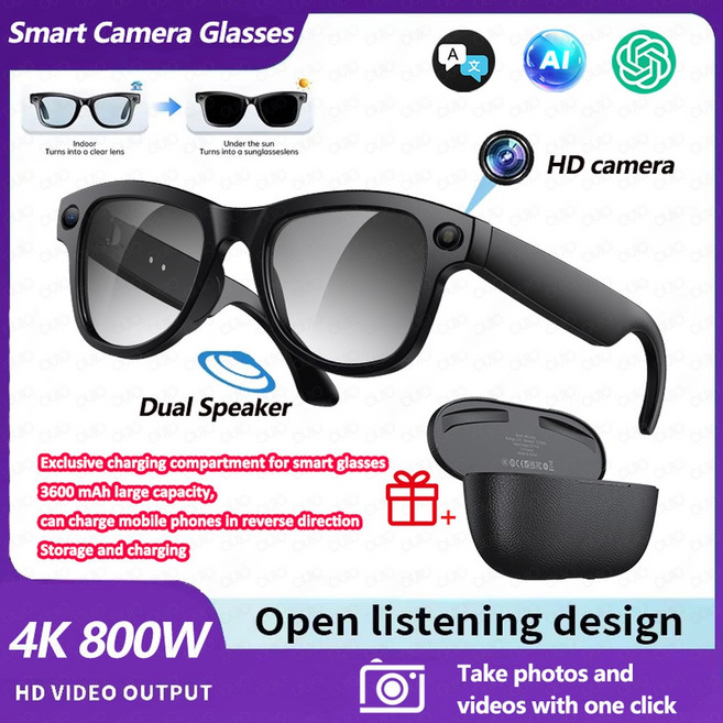 2026 4K HD AI 스마트 안경 Chat GPT 800MP 카메라 블루투스 통화 290mAh 배터리 32GB 음성 비서 제어
