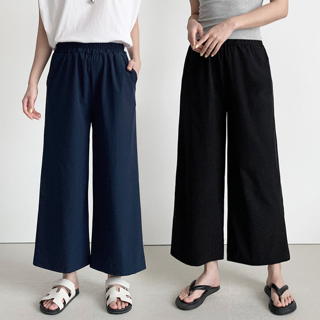 1+1 여성 빅사이즈 경량 라이트 쿨 와이드 밴딩 팬츠 바스락 소재 일자핏 여름 바지 3컬러