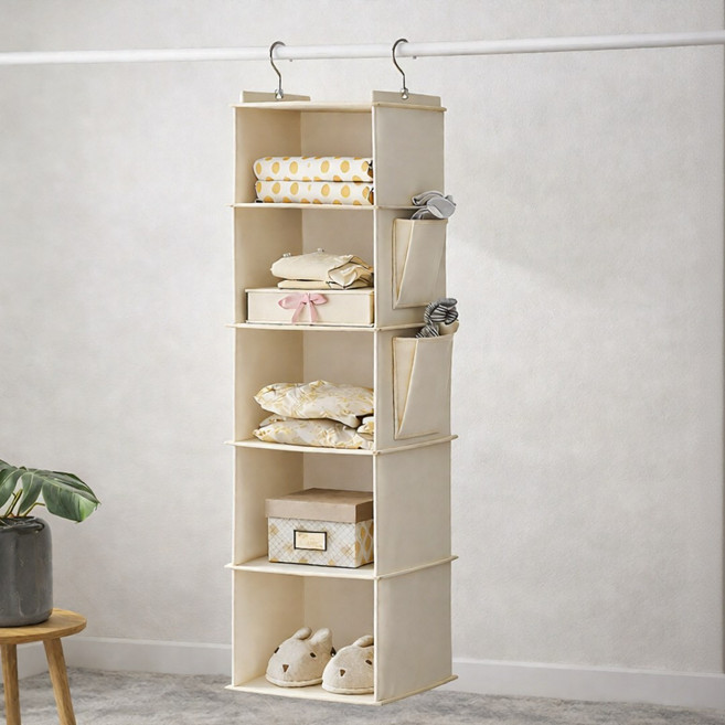 행잉 오거나이저 옷장 정리 다용도 수납, 베이지 5단, 1개