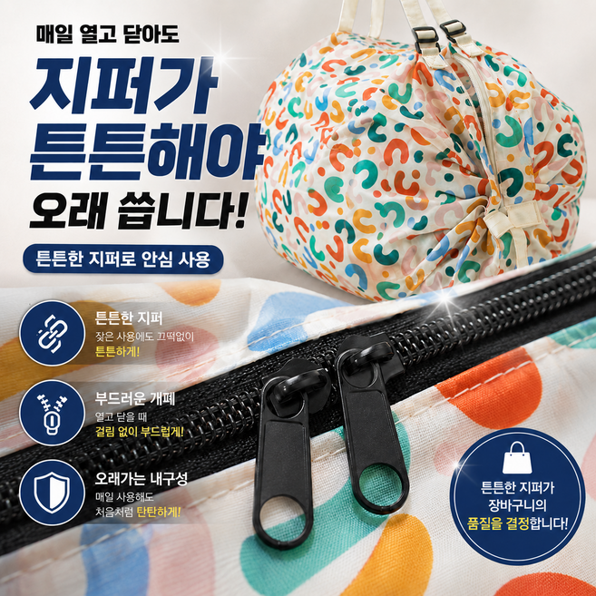 체르벤 튼튼한 지퍼 휴대용 접이식 주름 장바구니 에코백, 1개, 북유럽컬러