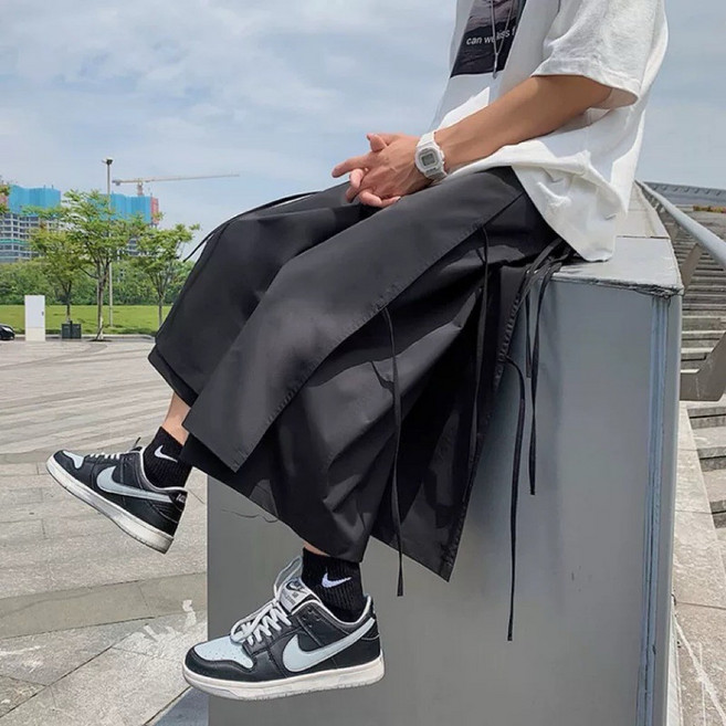 Gshop 日系山本風 假兩件 闊腿褲 男 七分褲 大碼 寬鬆 學生 夏季 工裝 直筒褲