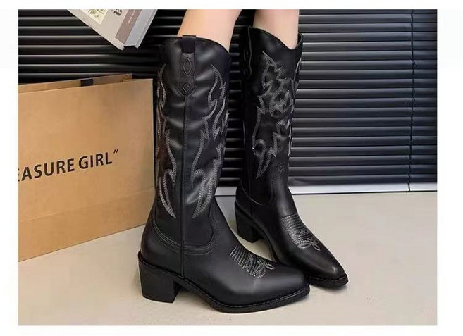 JoYouth 웨스턴부츠 카우보이 부츠 미들 가죽 여성 자수 화이트 여성 키높이 부츠 브라운 블랙