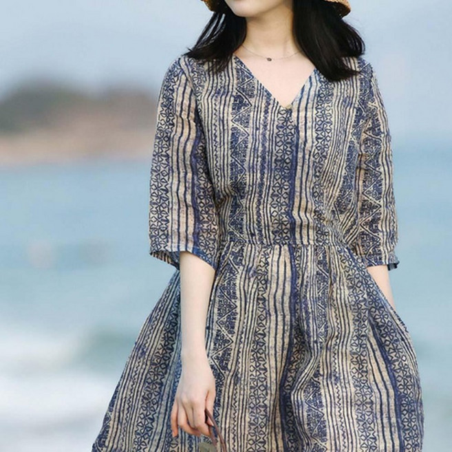 여름 브이넥 모시 여성 반팔 원피스