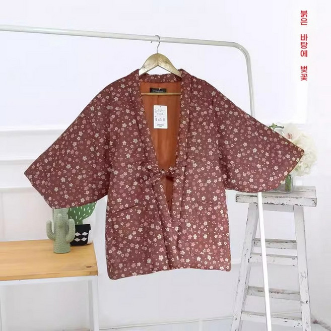 라벨리아 팡쿠 잠옷 유카타 방한복 회색 밝은 기모노 전통 L 가운, J. 붉은색 배경에 벚꽃