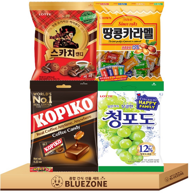 개별포장간식 사탕 캔디 C세트 청포도153g 스카치캔디157g 코피코 커피맛 150g 땅콩카라멜120g 하스25g, 4개, 120g