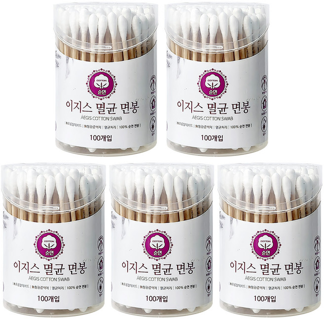 이지스 순면 멸균 면봉 500개입 100% 순면 무형광, 5개, 100개입