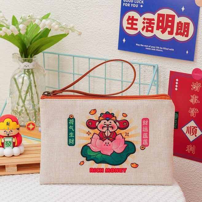 原創龍年國潮棉麻帆布拉鏈小錢包 迷你零錢包