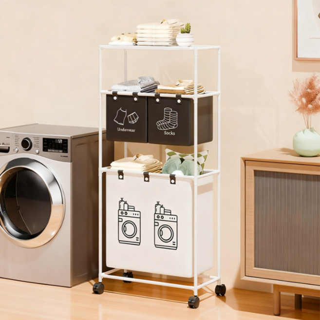 풀리 다단 대용량 수납 더러운 옷 바구니 가정용 세탁 화장실 수납 바구니 분류 바구니, 화이트+블랙
