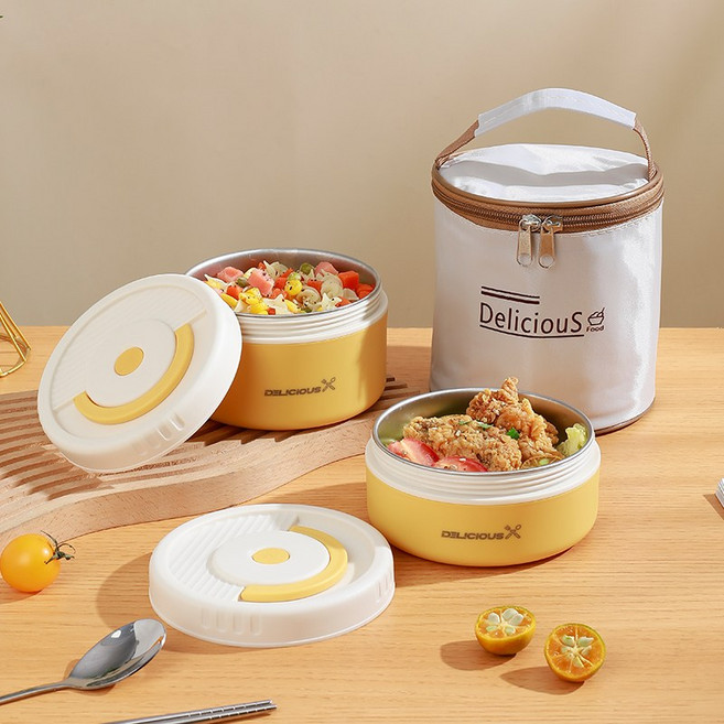 보온 도시락 304 스테인리스 스틸에 보온 가방 포함, 1세트, 1100ML 2단 노랑색