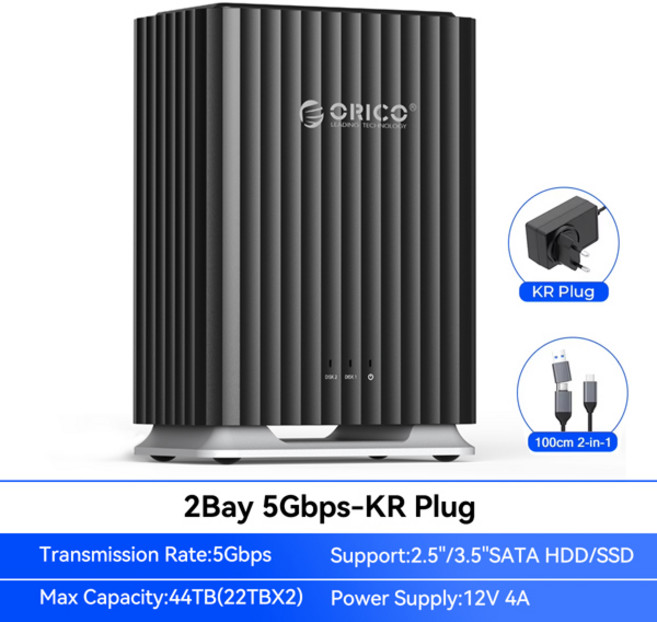 ORICO 9728C3 2베이 DAS HDD 도킹 스테이션 12V 4A 전원 2.5인치/3.5인치 SATA HDD/SSD 하드 드라이브 케이스 HD 외장 타입 C 확장, 9728C3-KR Plug, 1개