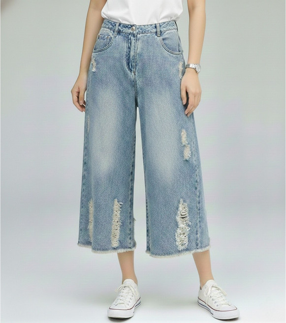 Shopflix 여성 와이드 데님 팬츠 여름 하이웨스트 빈티지 데미지 워싱 버뮤다 크롭 7부 찢청바지