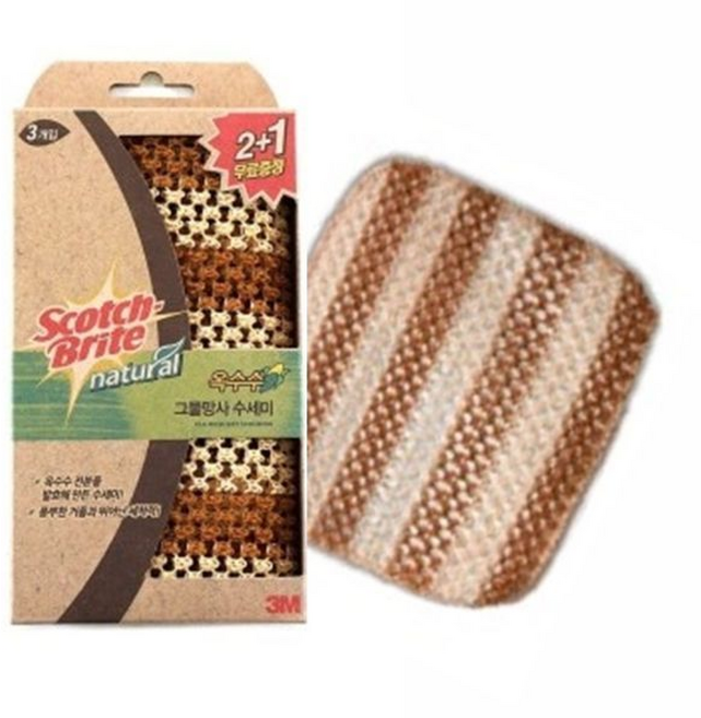 3M YLSBFXIB 내추럴 옥수수 그물망사 수세미 입 설거지, 3개