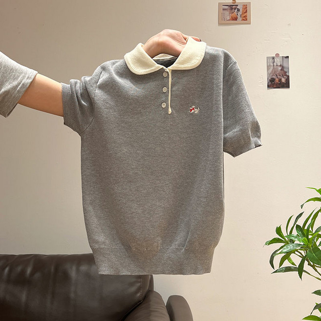 미중 여성 여름 뉴 예쁜 귀여운 자수 셔츠넥 니트 단추 슬림핏 무지 심플 반팔 yy