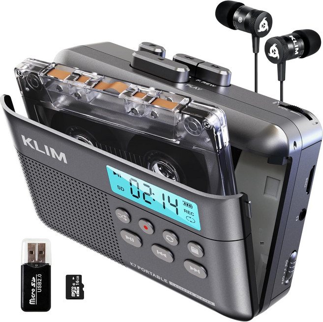 KLIM K7 카세트 테이프 플레이어 - 카세트에서 MP3로 변환기 휴대용 내장 마이크 및 스피커 충전식 배터리 이어폰 16GB SD 카드 애쉬 호환, Ash