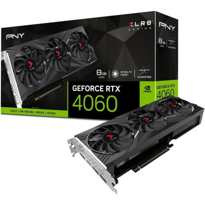 PNY GeForce RTX™ 4060 8GB XLR8 게이밍 버토 듀얼 팬 OC 그래픽 카드 DLSS 3, 트리플 팬