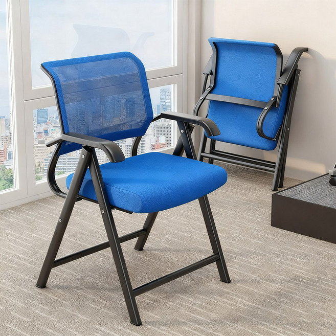 하루꿈 접이식 메쉬 의자 학생용 사무실용 허리 편한 컴퓨터 회의실 바퀴없는 실용 의자, 블루