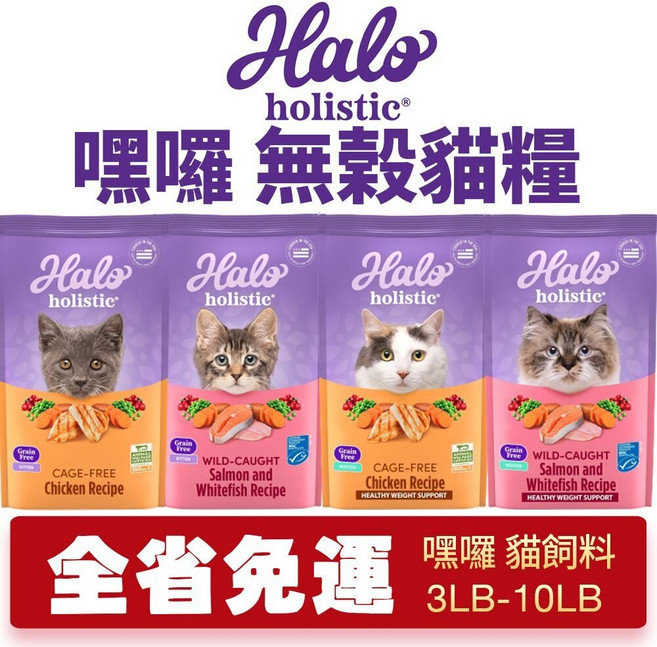 HALO 嘿囉 無穀貓糧 3磅-15磅 新包裝配方升級 貓乾糧, 1個, 幼貓-野生鮭魚燉白魚3磅(1.36kg),6磅以下限超取免運/10磅限宅配