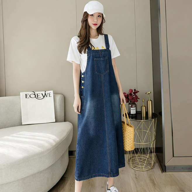 CBHV 여성 데님 멜빵 원피스 빅사이즈 박시 포켓 트임 캐주얼 롱 원피스