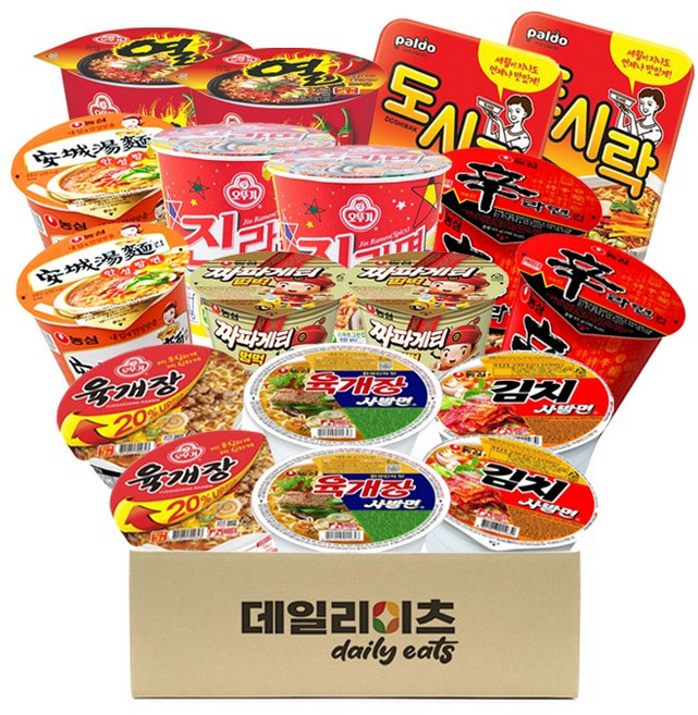 [데일리이츠] 맛있는 컵라면&사발면 9종 18개입 (신라면2 진라면매운맛2 안성탕면2 열라면2 도시락2 짜파범벅2 육개장사발면2 김치사발면2 오뚜기육개장2), 1개