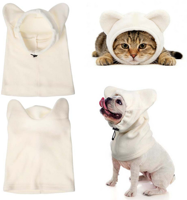 루이 2in1 강아지 겨울 모자 + 목도리 조절 버클 부드럽고 편안 소음완화 선물/데일리/산책, 흰색, 1개