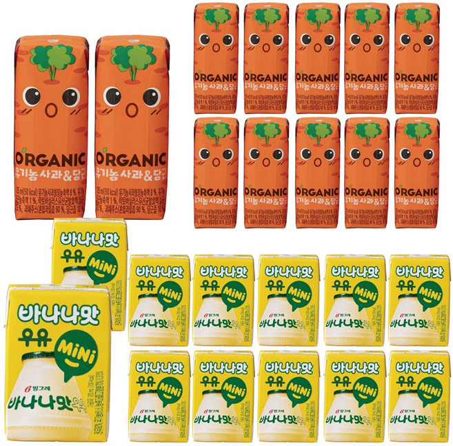 빙그레 바나나맛우유 미니 + 오가닉 유기농 사과당근 주스, 120ml, 24개