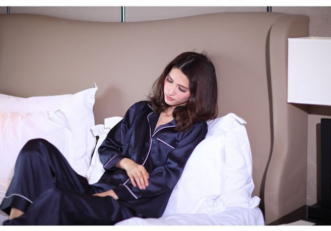 重磅真絲長袖睡衣套裝 男女情侶家居睡衣, 1個, 藏藍色XXL