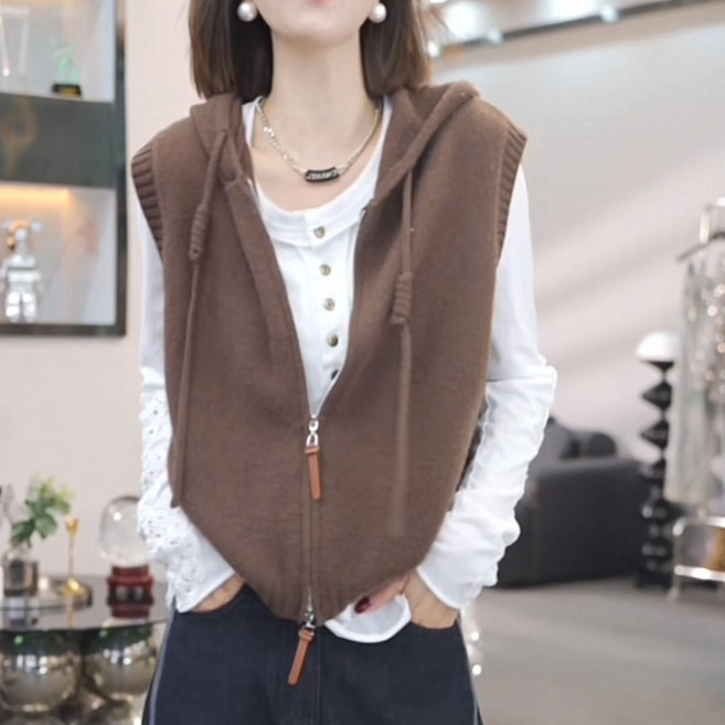 유니픽 여성 가을겨울 순면 후드조끼 외투 스타일 무소매 지퍼 디자인wbr